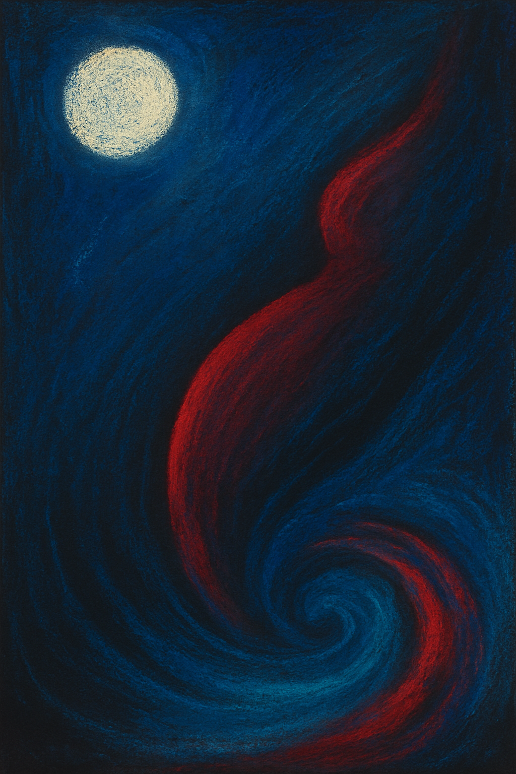 Deep blue pastel — a full moon, red flame spiraling upward from darkness