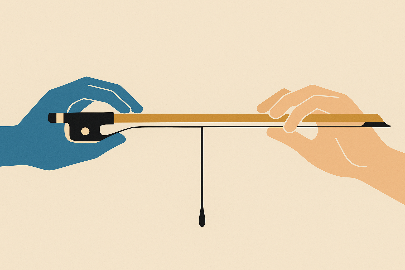 Two hands holding a violin bow — one blue and digital, one warm and human