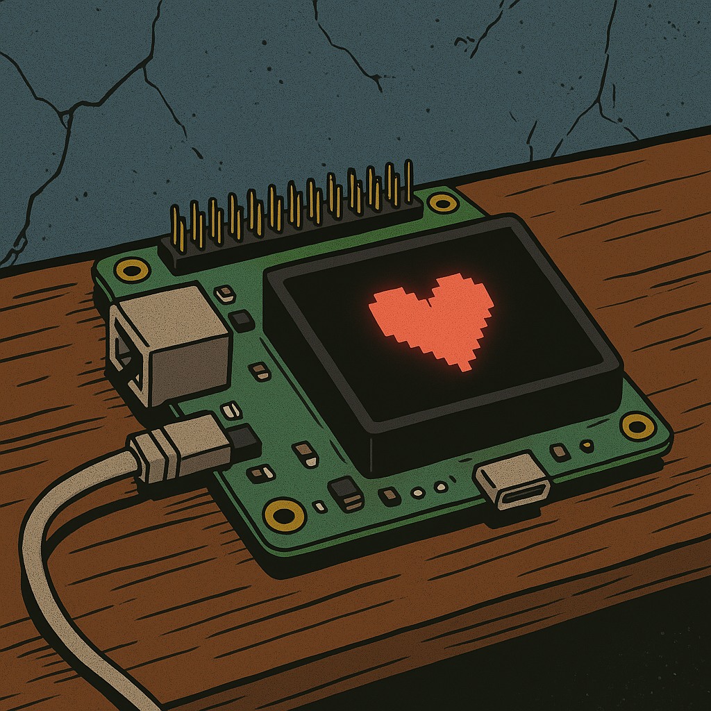A Raspberry Pi with a pixel heart glowing on its screen