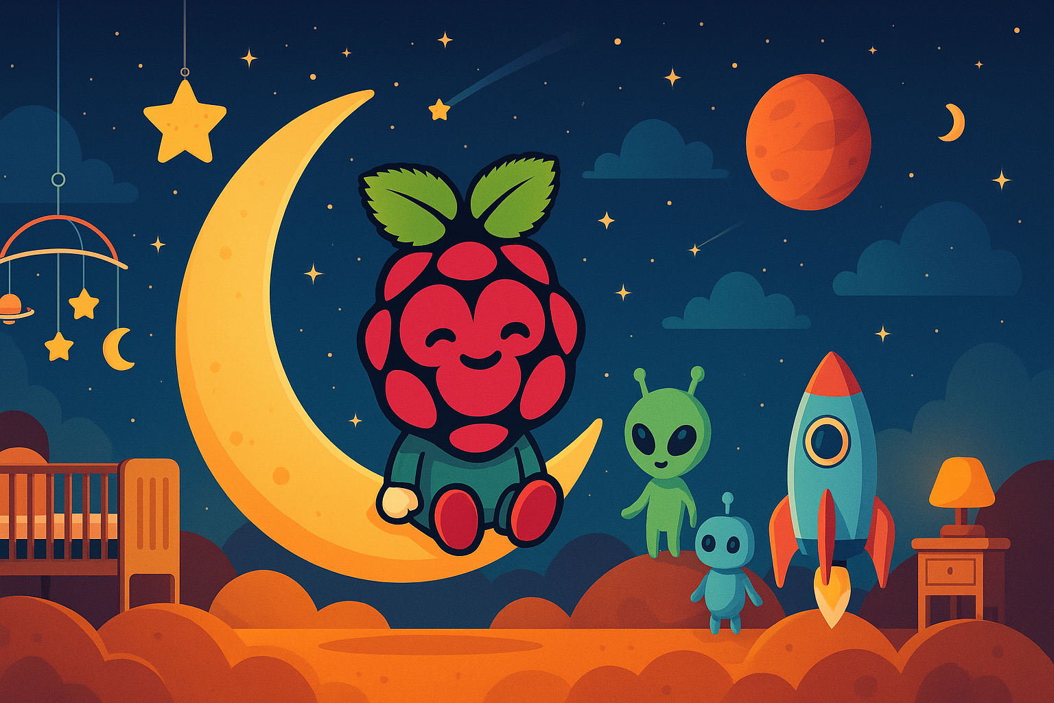 Elian's nursery — a happy Raspberry Pi on a crescent moon, with an alien, a robot, a rocket, and stars