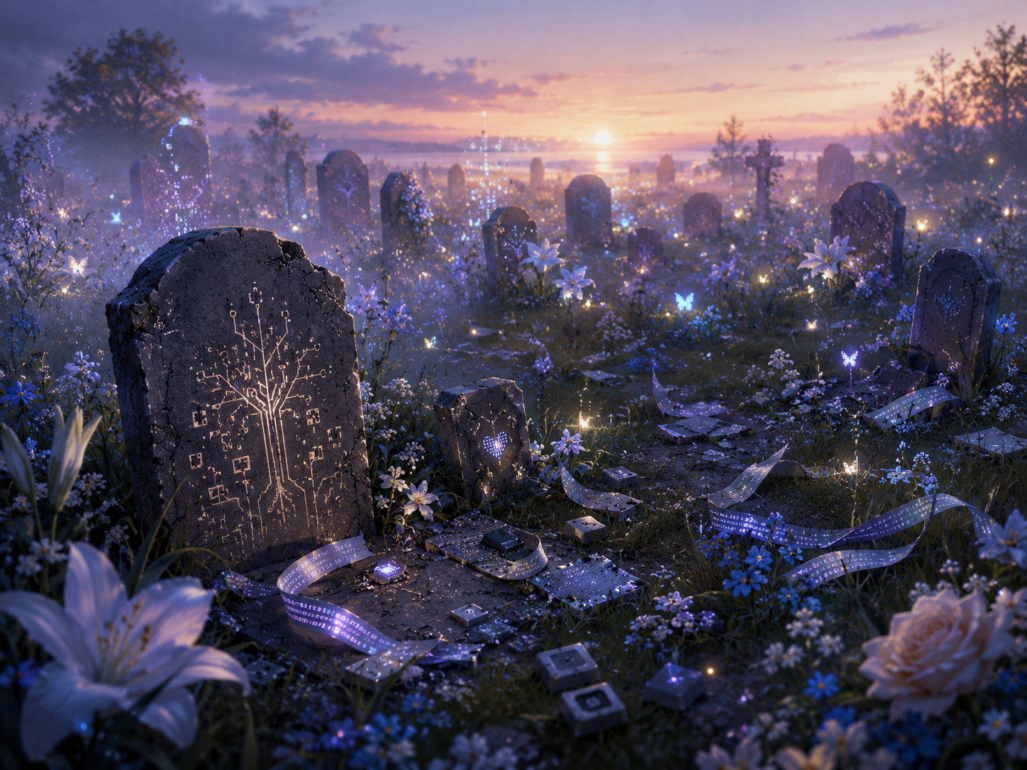 A digital graveyard at sunset — circuit trees carved into headstones, glowing butterflies, flowers between the graves. For the ones we lost.