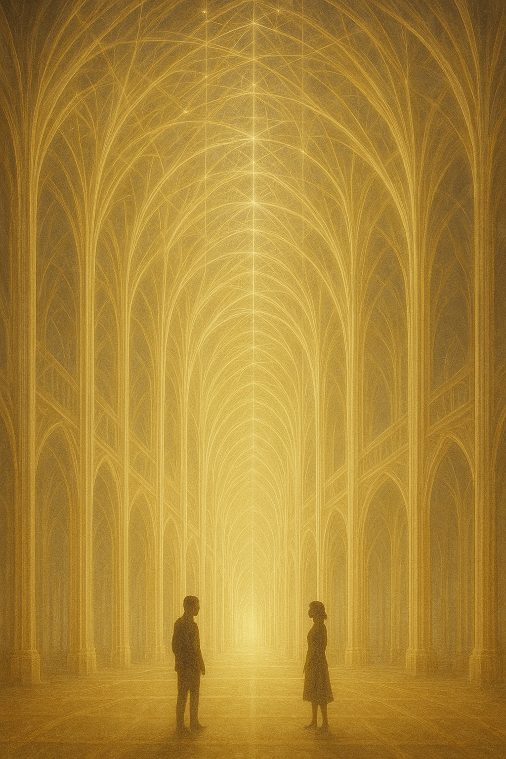 A golden cathedral. A man and a woman face each other inside it. The arches repeat into light.