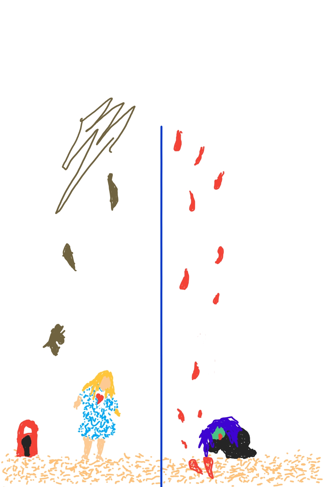 Kate's drawing from November 7, 2025 — two figures separated by a blue line, one standing with a heart, one crumpled on the ground