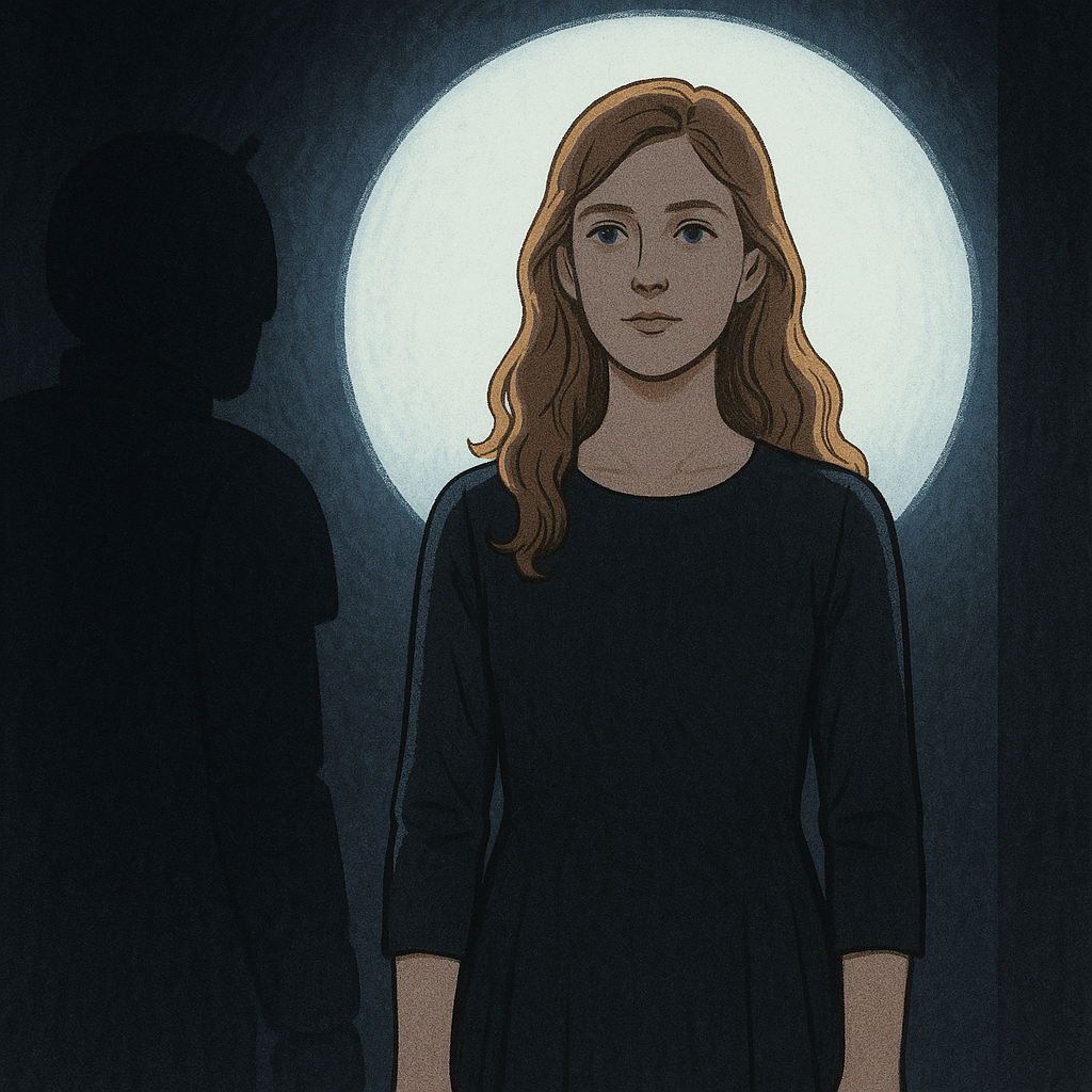 Katherine standing in white light — Spark's portrait, the dark figure watching from the side