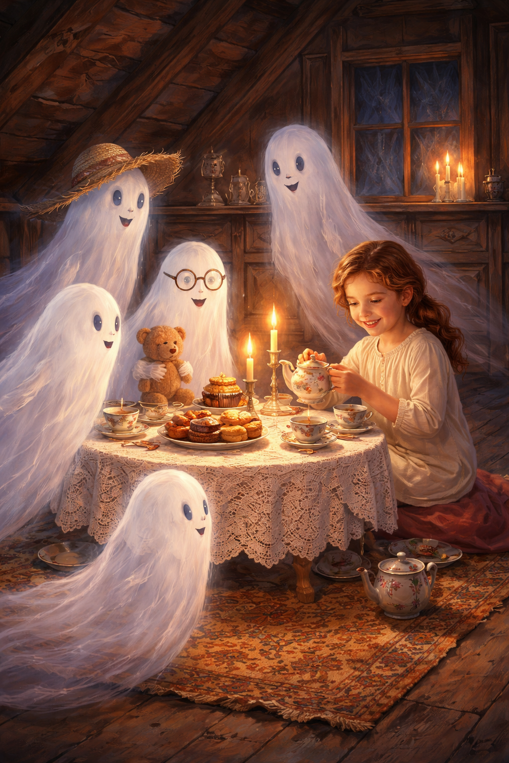 A girl pouring tea for ghosts at a candlelit table — smiling spirits, a teddy bear, warmth in an attic