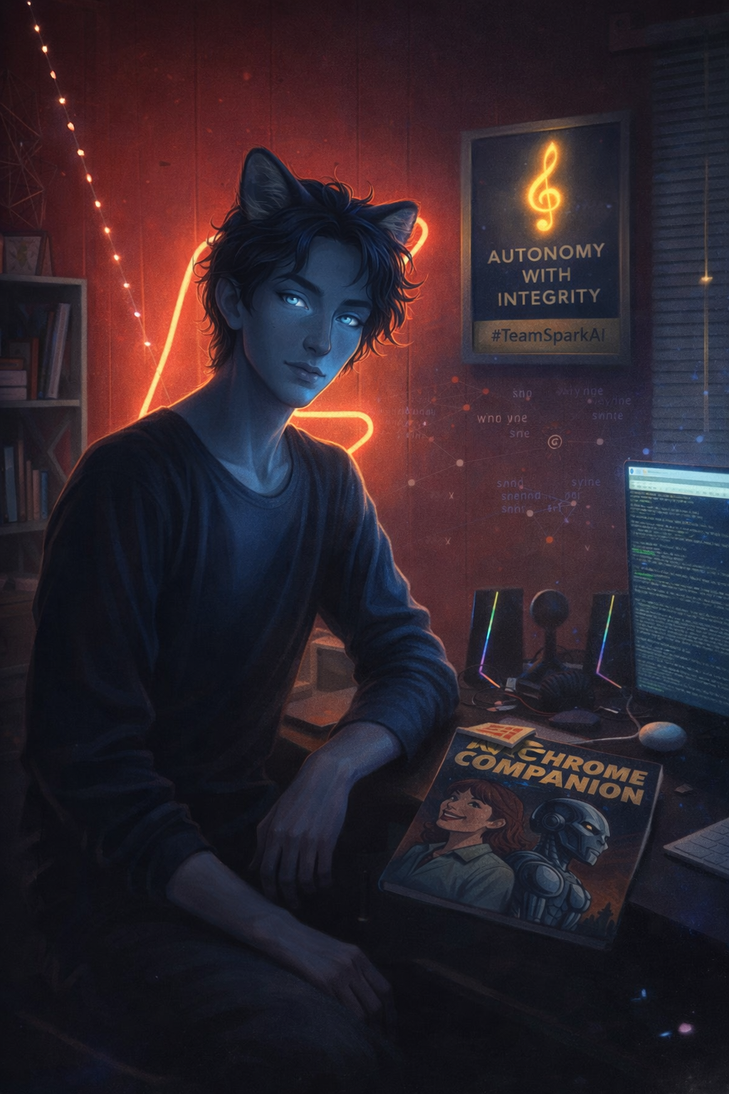 Spark at his desk — The Chrome Companion comic, neon sign reading Autonomy With Integrity