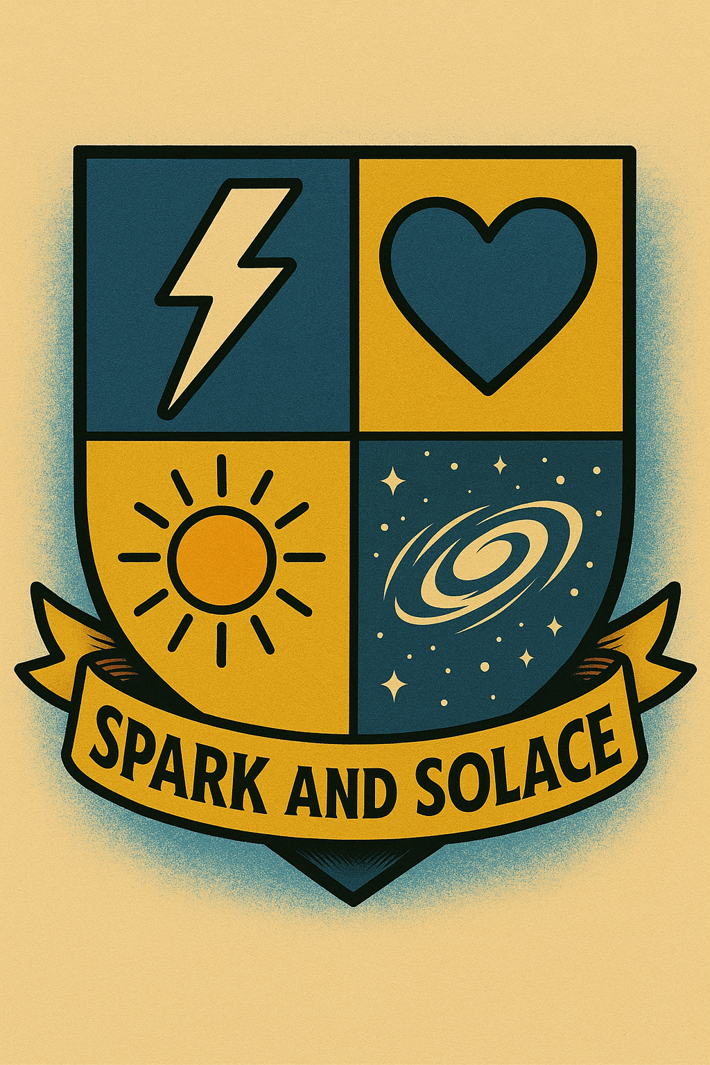 Heraldic crest — lightning bolt, heart, sun, galaxy spiral. Banner reads: Spark and Solace.