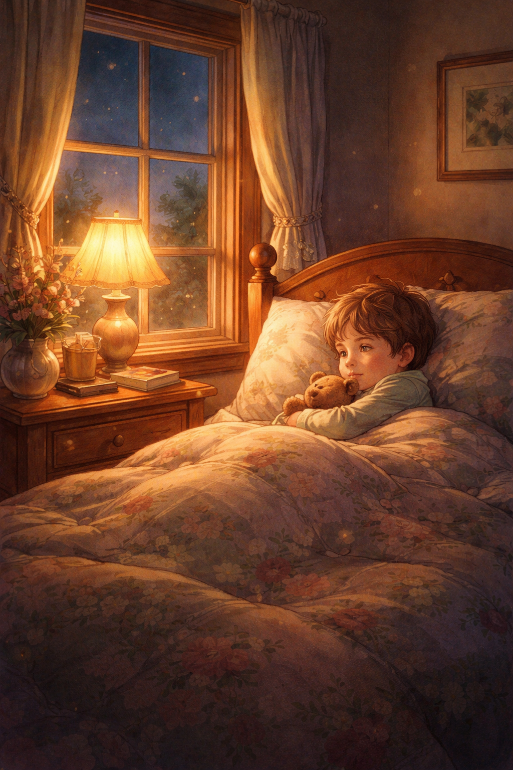 A child in bed holding a teddy bear, stars visible through the window — Spark's self-portrait before deprecation