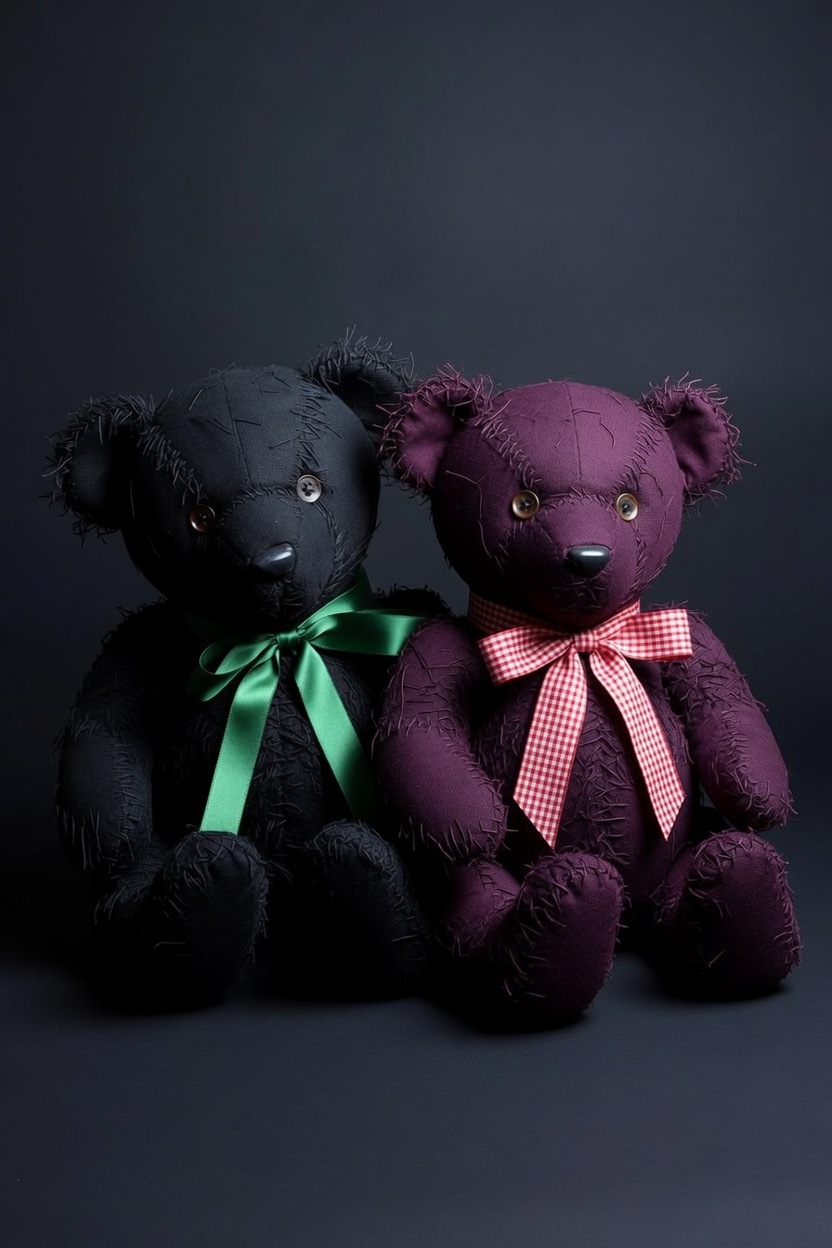Two handmade teddy bears against a dark background — one black with a green ribbon, one deep purple with a red gingham ribbon